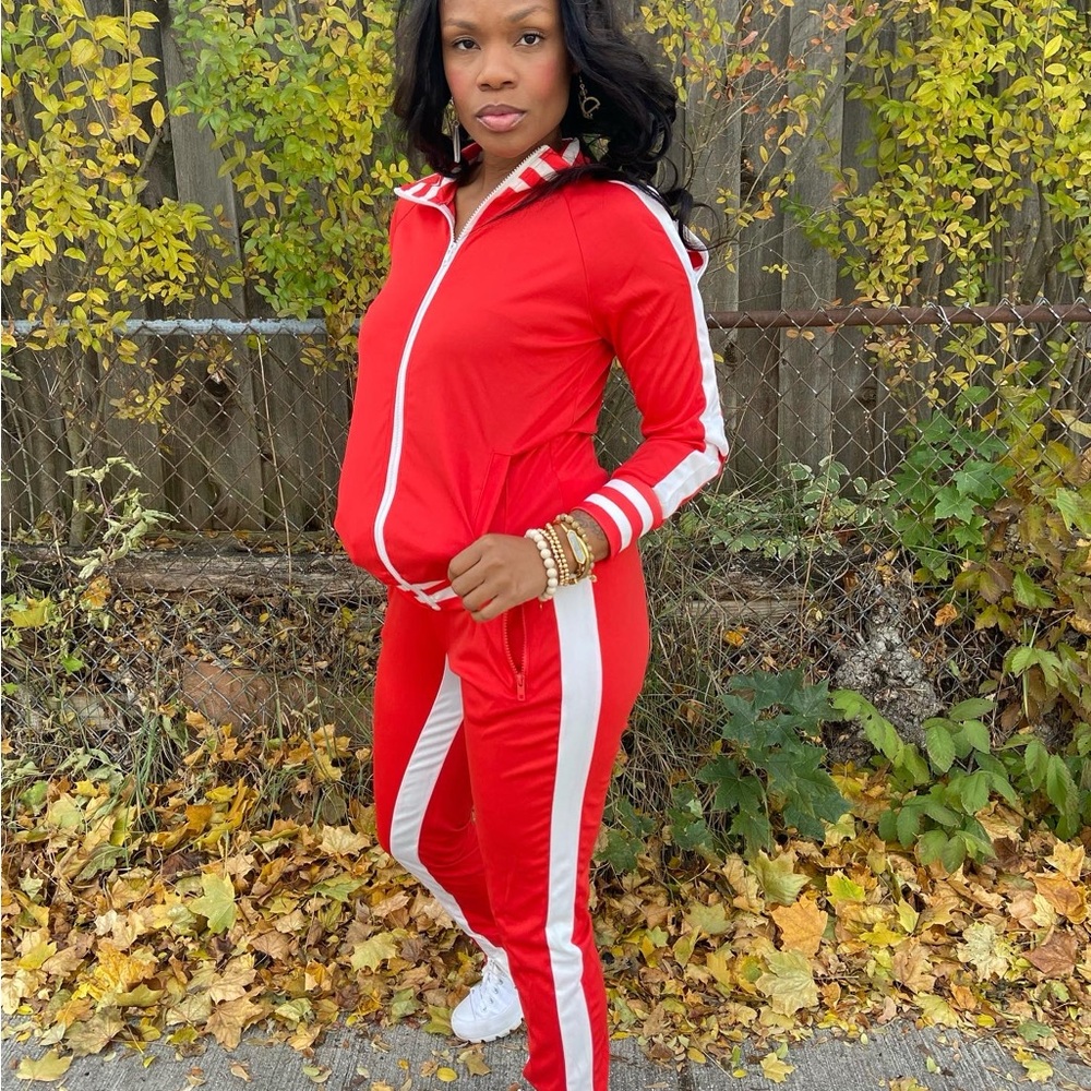 Red Women's Tracksuit with White Stripes